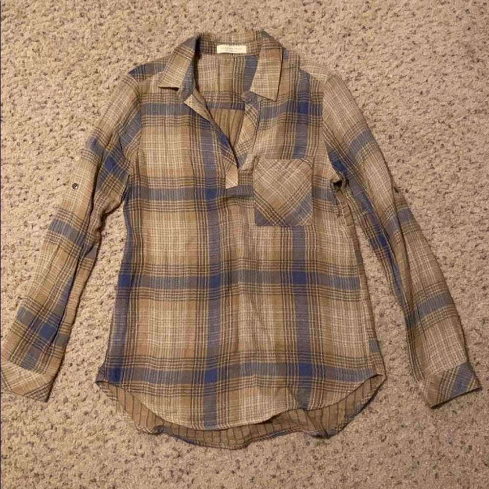 Brown blue and cream flannel v neck top